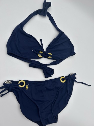 Ralph Lauren Women’s Small 2 Piece Bikini Swimsuit Navy Blue Yellow Grommet Polo