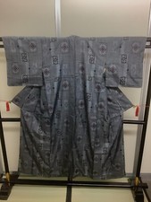 Japanese Vintage Kimono pure silk navy blue gray Oshima expensive Height 58.66in