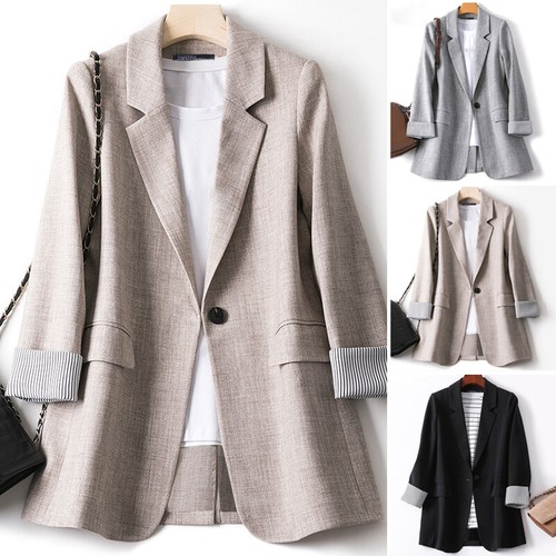Womens Button Long Sleeve Splice Blazer Casual Office Work Suit Jackets Coat - Picture 4 of 13