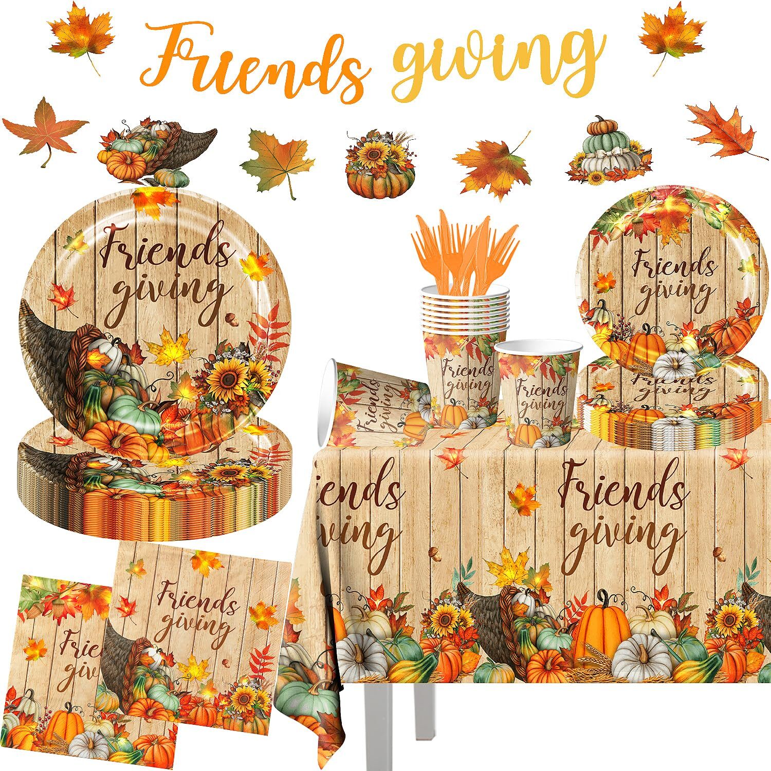 Friendsgiving Party Decorations Kit - 142pcs Fall Plates and Napkins Set for Thanksgiving Gatherings