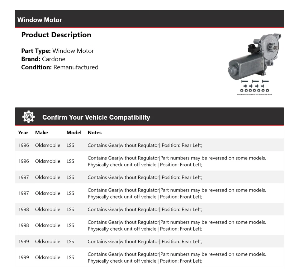 For 1996-1999 Oldsmobile LSS Window Motor Cardone 1997 1998 - Image 2 of 4