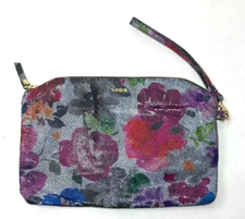 LODIS FLORAL RFID LEATHER CLUTCH , DETACHABLE  WRIST STRAP, PRISTINE