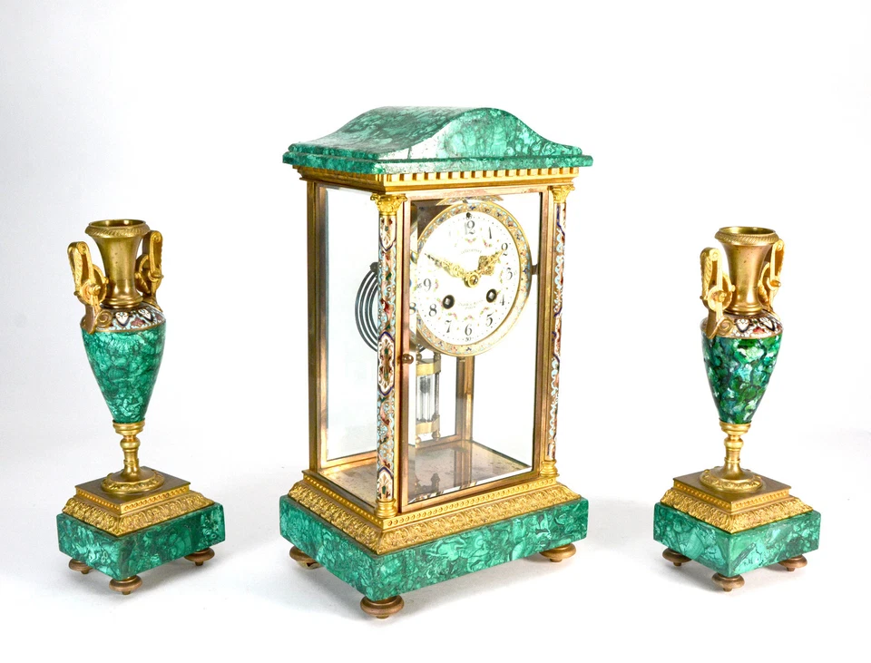 Antiguo Reloj Manto Regulador Cristal Malaquita y Champleve Francés Art Deco Foto 3 de 4