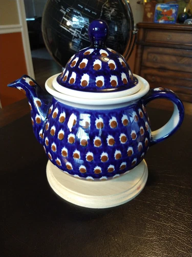 Boleslawiec Polish Pottery Large Teapot Poland Colbalt Blue with Brown Dots