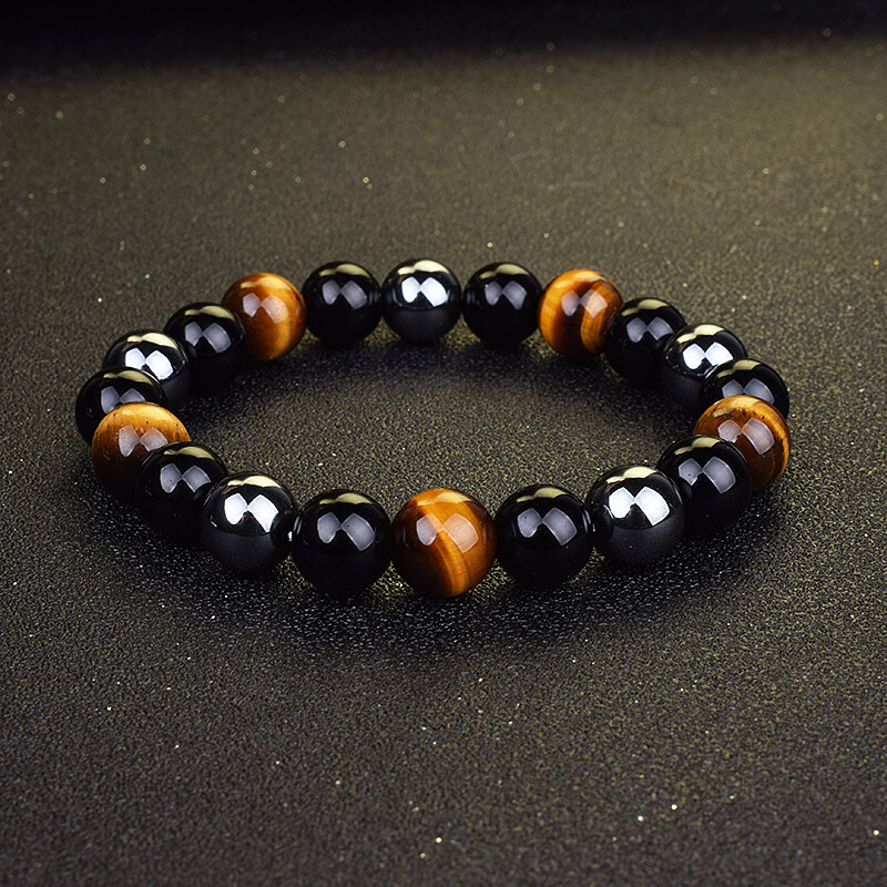Triple Protection Bracelet For Men - Tiger Eye, Obsidian & Hematite Stone Beads For Anxiety & Positive Energy