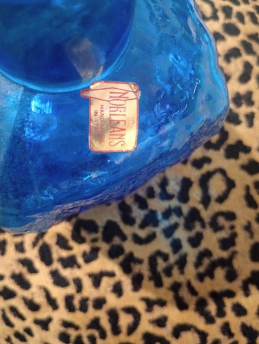 Vintage MCM Empoli Glass Decanter Bottle Vase Blue Textured Bark W/stopper Mint - Picture 6 of 6
