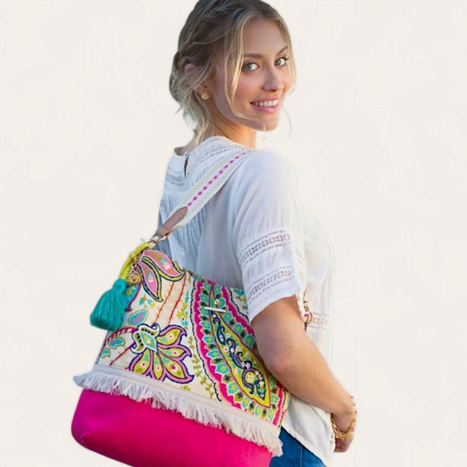 Spartina 449 Salt Meadow Boho Tote with Fringe Linen & Leather Calypso Embroider - Image 2 of 4