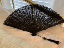 Black Folding Fan Victorian Style, Cutout Lace Look Plastic With Tassel  Bag