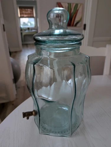 Vintage Green Glass Beverage Dispenser with Brass Spigot