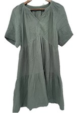 Green Crinkled Gauze Dress Short Sleeve V-neck Pullover Flowy Tiered Spring XL