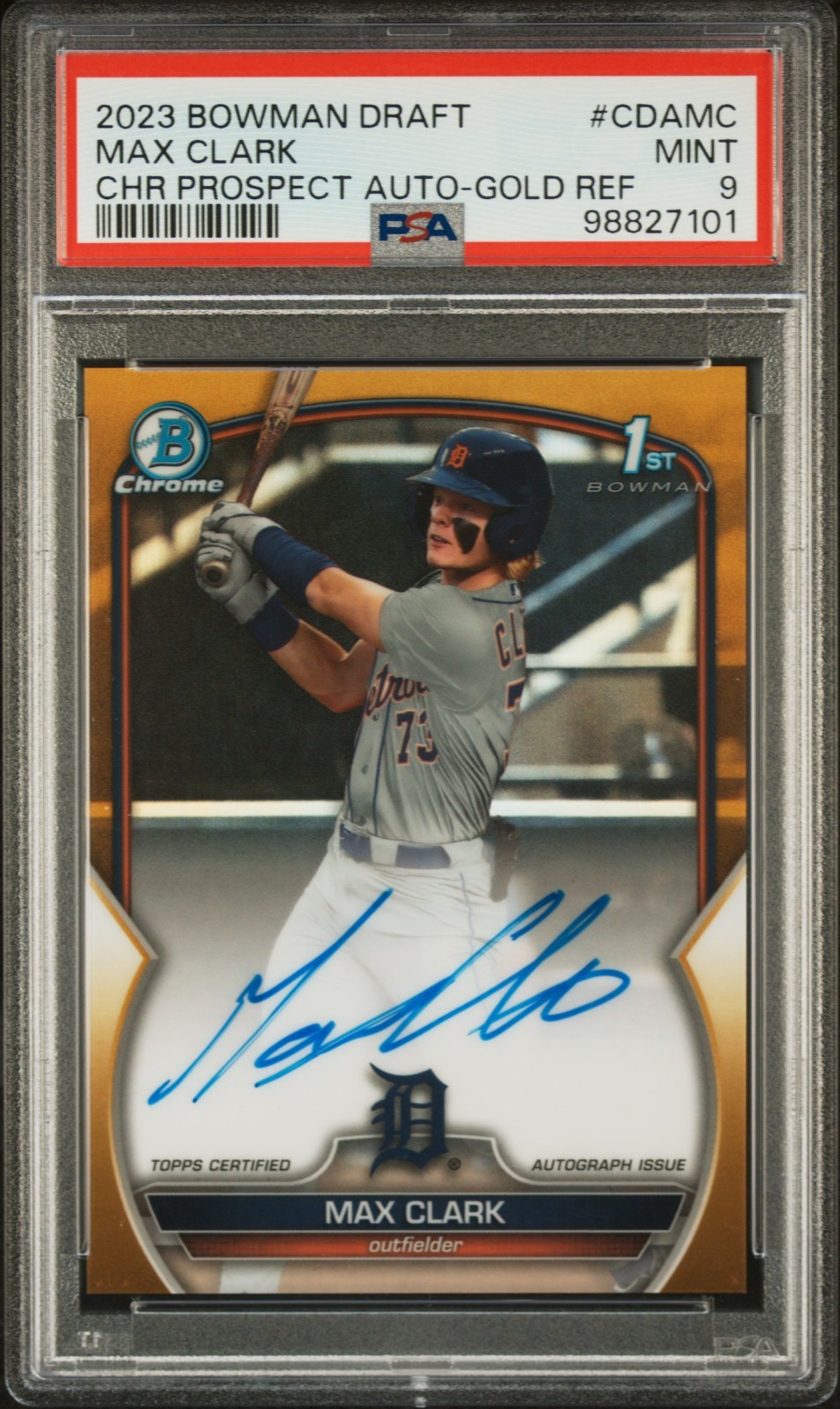 2023 Bowman Draft Max Clark Chrome Auto Gold Refractor 1st #/50 Tigers PSA 9
