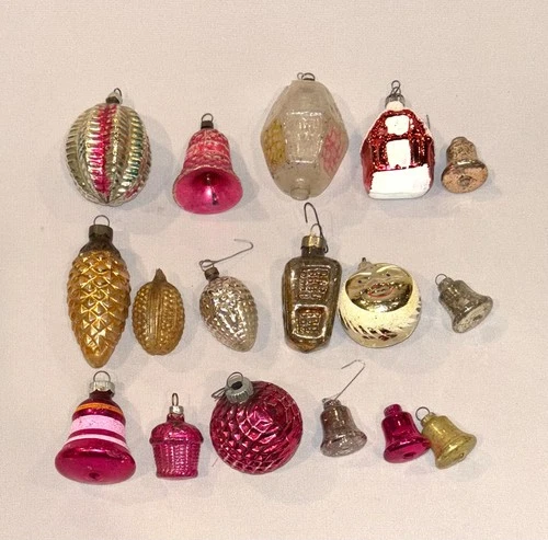 Antique Vtg Early Lot 17 Assorted Christmas Blown Glass Ornaments Bell Lantern