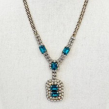 Vintage 1950s Teal Glass Rhinestone Y Drop Necklace