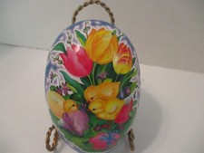 5 7/8" PAPER MACHE EASTER EGG CANDY CONTAINER - MADE IN GERMANY FLOWERS/CHICKS