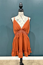CIDER Rust Orange Boho Mini Dress - Crochet Lace Waist & Ruffle Hem - Size L