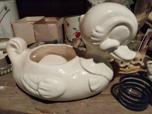 1950s Mid Century White Ceramic Duck Planter
