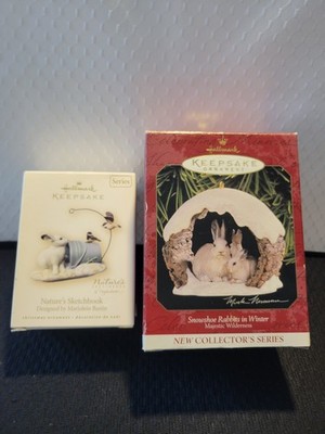 Vintage Hallmark Keepsake Christmas Ornaments Snowshoe Rabbits 1997& Rabbit 2007