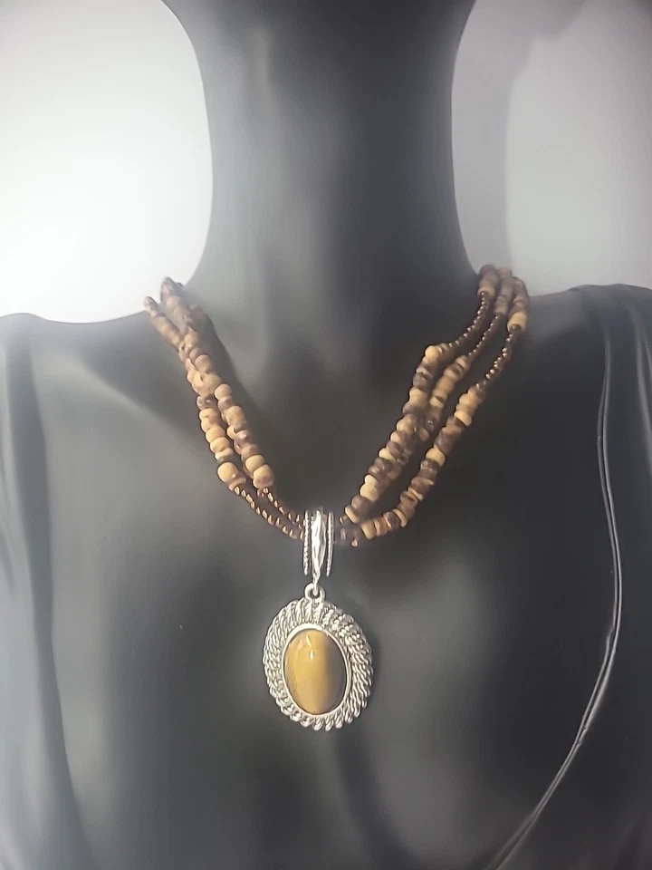 Collar Avon Vintage Madera Cuentas Multi Hilo Ojo de Tigre Colgante Joyería Foto 2 de 4