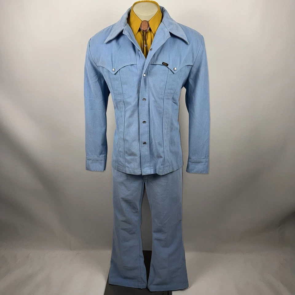 Lee Denim Leisure Suit Pearl Snap Mens Large Jacket 34 30 Pants Western Vtg 70s - Image 2 of 4
