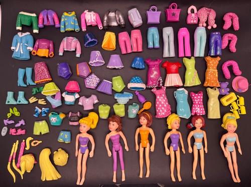 Vintage Polly pocket clothes, shoes, accessories & 6 Dolls Lot EC