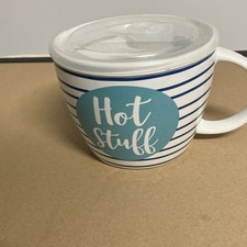 Hot Stuff White & Blue Striped Ceramic Coffee...