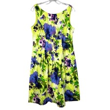 Nine West Chartreuse Bright Green Floral Fit & Flare Sleeveless Dress 10 Party
