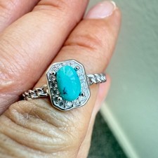 925 Sterling Silver Ring Turquoise 5x3mm Natural Blue Gemstone Zircon Cocktail