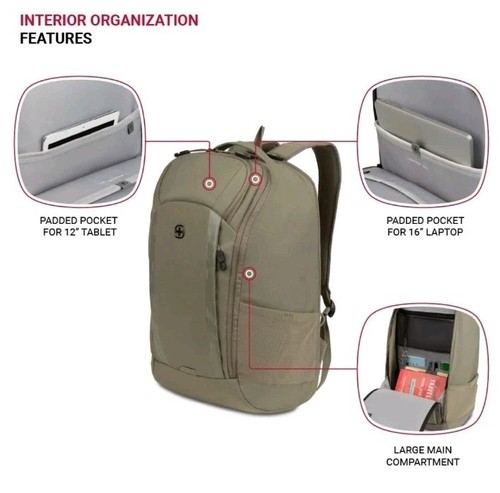 SWISSGEAR SA8119 Viibe 16" Laptop Backpack Olive Green Student Commute Security - Picture 14 of 18