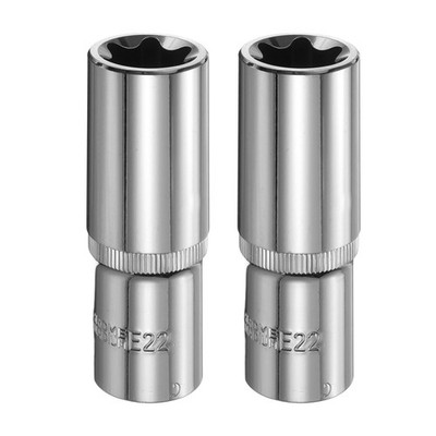 2pcs E-Torx Socket 1/2'' Drive E22 Star 3.1'' Length 6 Point Spline Socket