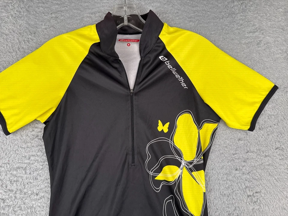 Camiseta deportiva de ciclismo Bellwether para mujer pequeña negra amarilla 1/2 cremallera manga corta floral Foto 4 de 4