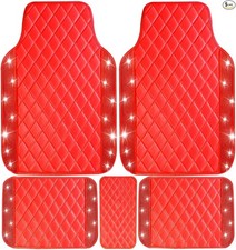 Bling Leather Car Floor Mats Full Set, Sparkly Diamond- Red Leather Diamond