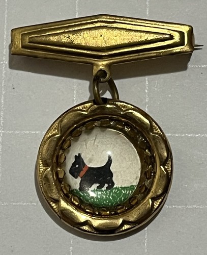 Vintage Scotty Dog Brooch Pin Dangle Picture Gold Tone