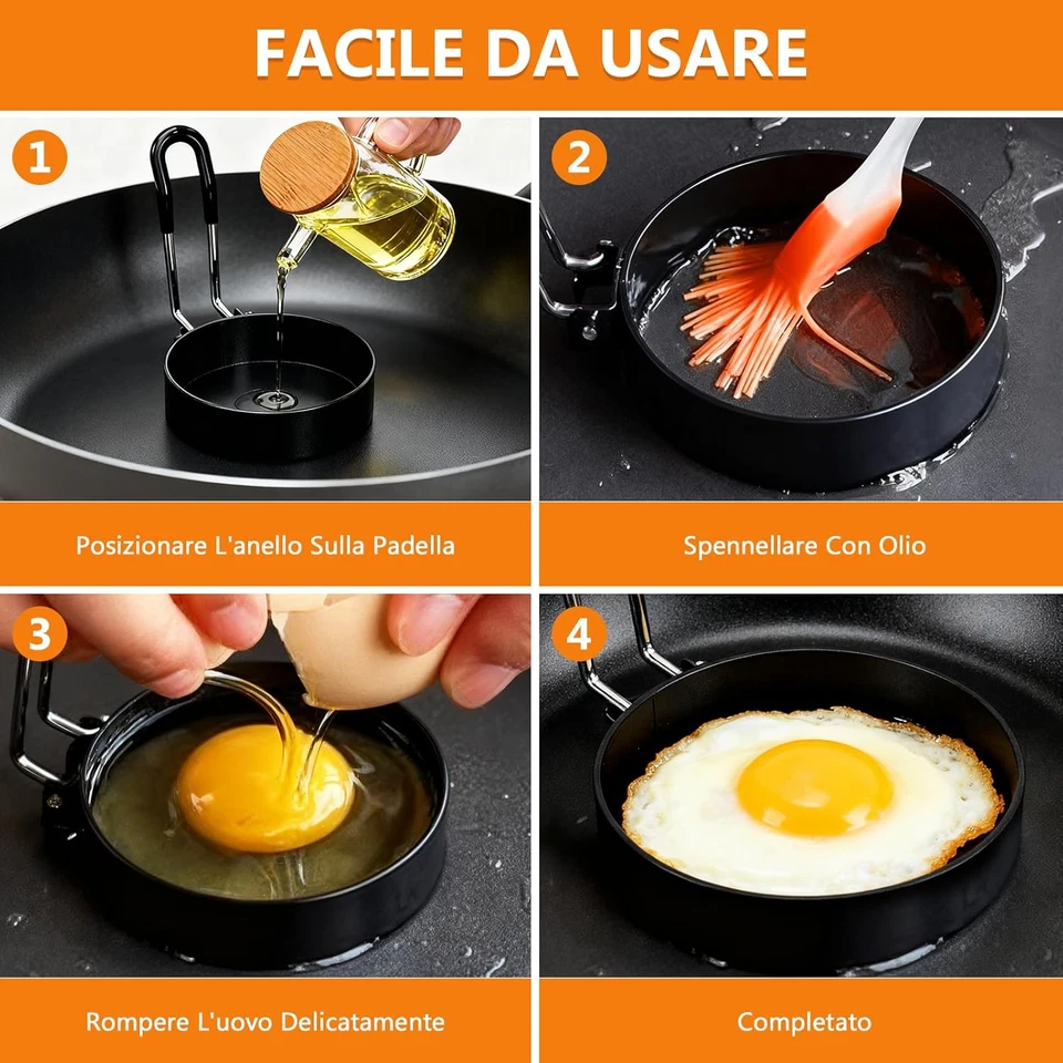 4 Stampini per Uova in Acciaio Inossidabile, Antiaderenti, 3,5 Pollici Con Manig - Immagine 4 di 4