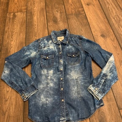 YMI Denim Acid Wash Bleach M Button Down L/S Blue Denim Shirt Pearl Snap Buttons