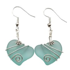 Hawaiian Jewelry Sea Glass Earrings, Wire Twin Heart Earrings Aquamarine