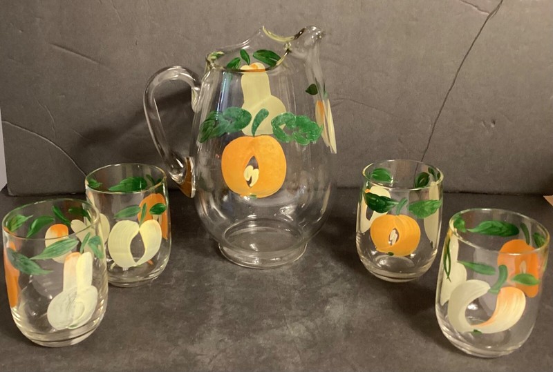 Hand Painted Fruit on Glass Pitcher and Four Juice Glasses Apricot, Pear, Apple