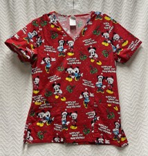 Disney Mickey  Minnie Multicolored Mistletoe Holiday Pattern Size S Scrub Top