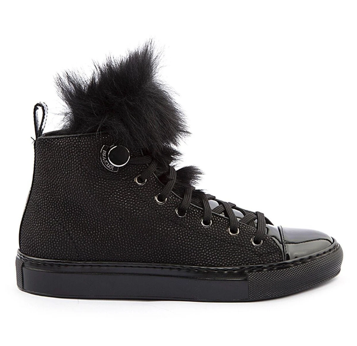 Moncler Size 39 Caroline Fur Sneaker High Top Black Patent Leather Shoes