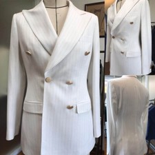 Women's Classic Vertical Stripe Blazer Double-breasted Peak Collar Jacket