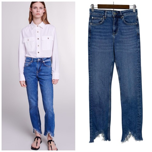 Maje Jeans EU 36 (27.5) Asymmetrical Distressed Fringe Hem Mid-Rise Cropped $365