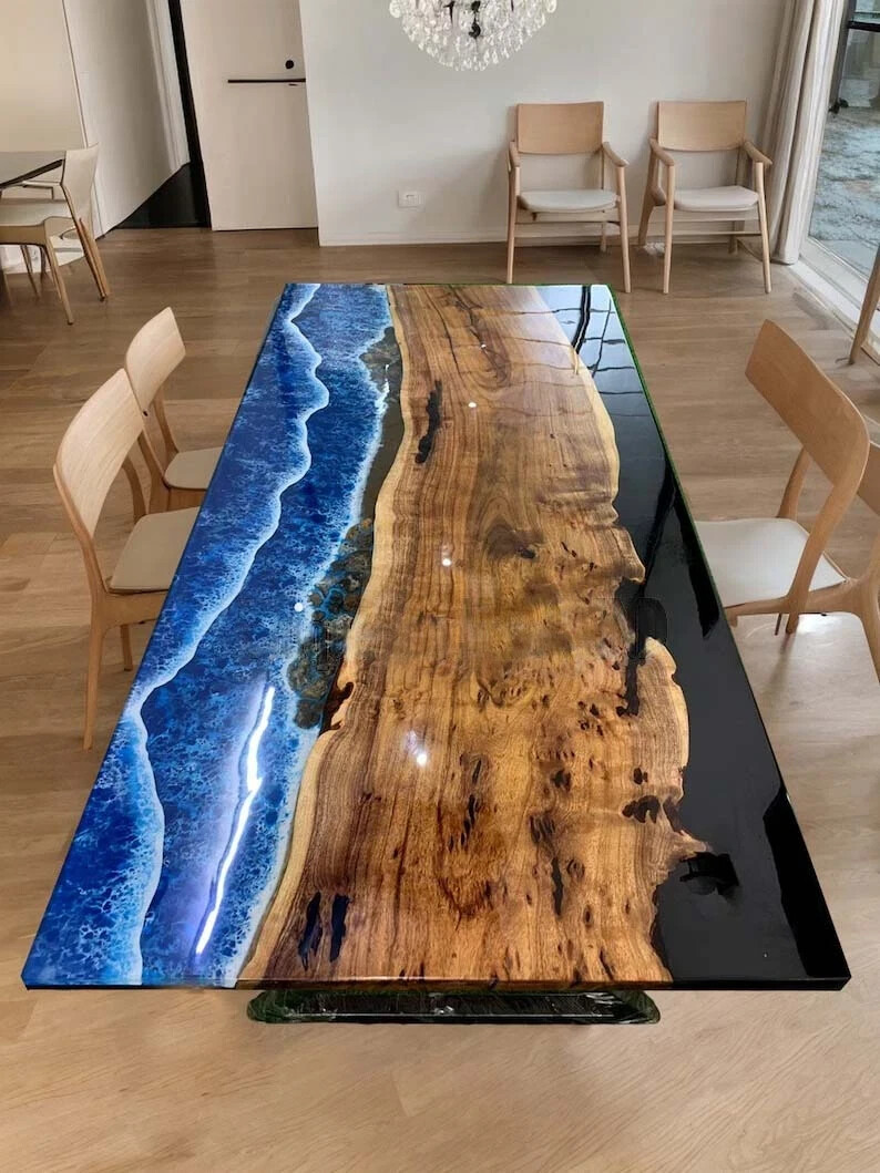 Ocean Wave Epoxy Resin River Dining Table Top Handmade Kitchen Slab Wooden Decor
