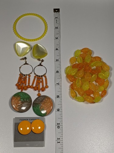 Orange Yellow Jewelry Long Necklace Chandelier & Button Earrings Bracelet 1980s - Picture 13 of 13