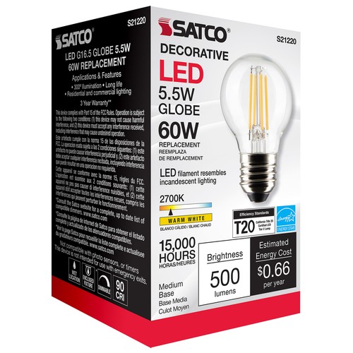 6 Pack LED Filament Bulbs 5.5W Globe G16.5 120V Medium E26 Base 2700K Warm White - Picture 7 of 12