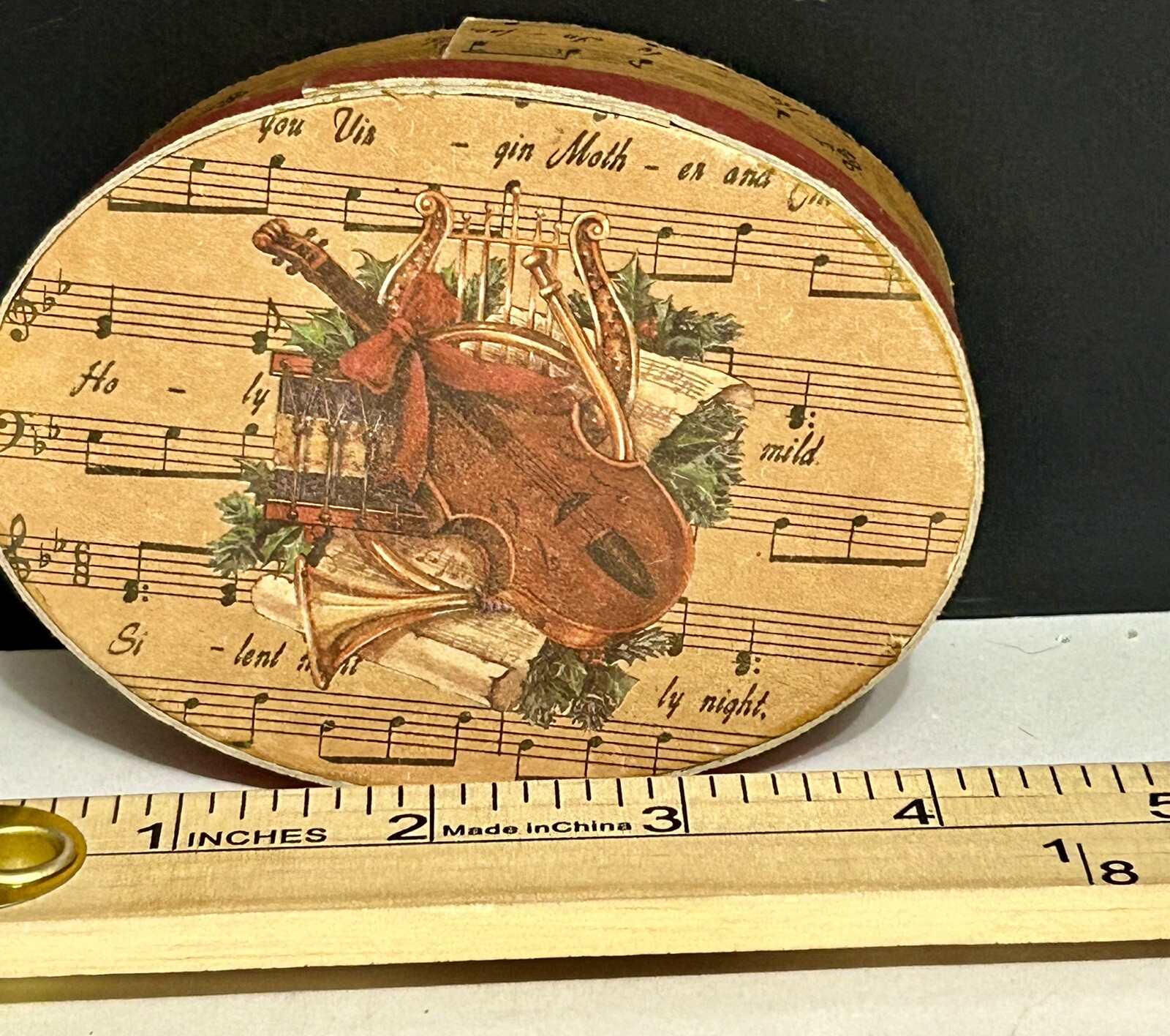 Vintage Set Of  3 Nesting Oval Wood Christmas Music Silent Night Storage Boxes