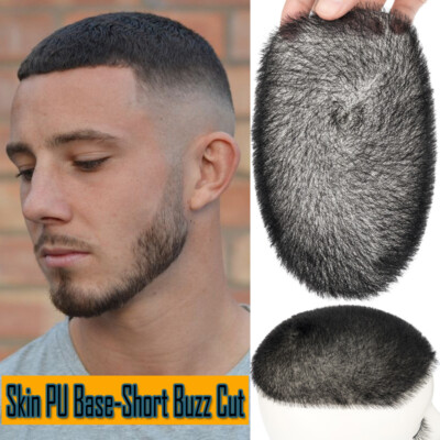 Men Toupee Thin Skin PU Base Hairpiece 100% Human Hair Wig Short Buzz Cut 6x8 US