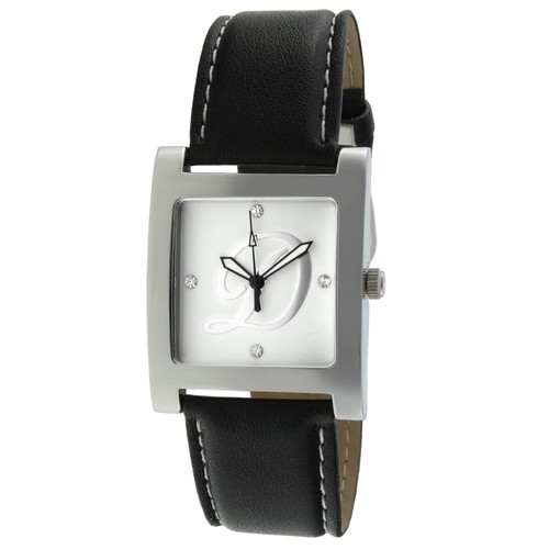 Women Silver Tone Square Wrist Watch w/ Black Leather Strap & Initials Dial - Picture 4 of 24