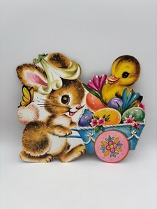 Easter Rabbit Die Cut Cardboard Decoration Cart Chick 14.5 X 12.5 Vintage MCM