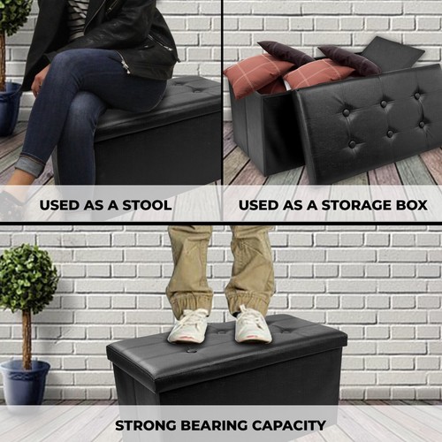LARGE FAUX LEATHER FOLDING OTTOMAN POUFFE SEAT FOOT STOOL STORAGE BOX GIFT - Picture 18 of 57
