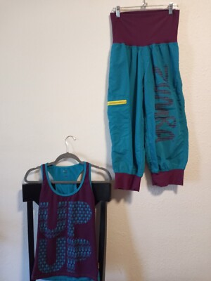 Zumba Cargo Dance Pants/Shirt Set Large Teal Plum High Rise Baggie Capri Jogger 