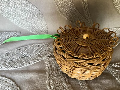 Small Woven Basket With Loop Edge Lid Bead Knob Brown Green Ribbon Strap Hinged